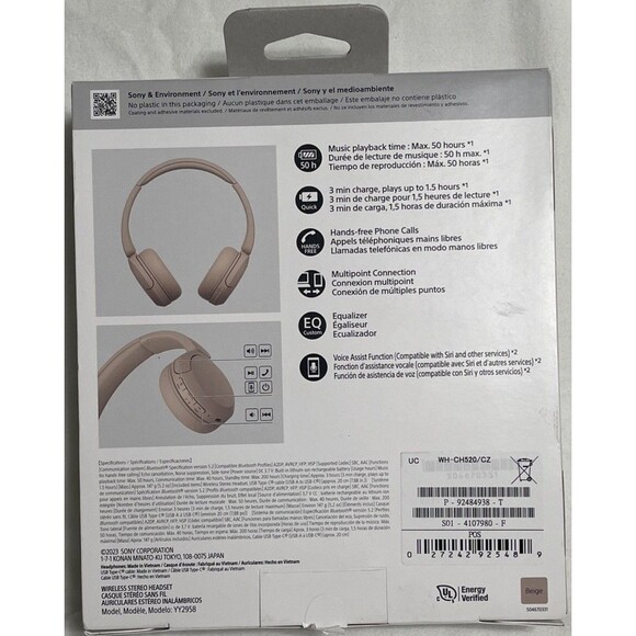Sony Wireless Headphones Microphone Over Ear Beige Inspected WH-CH520 New - Picture 2 of 3